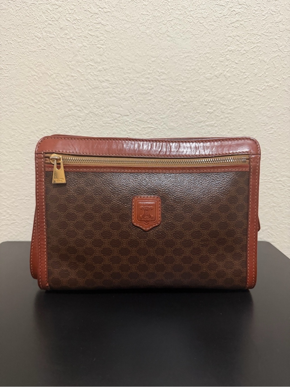 Celine Brown Signature Canvas and Tan Leather Wristlet Clutch